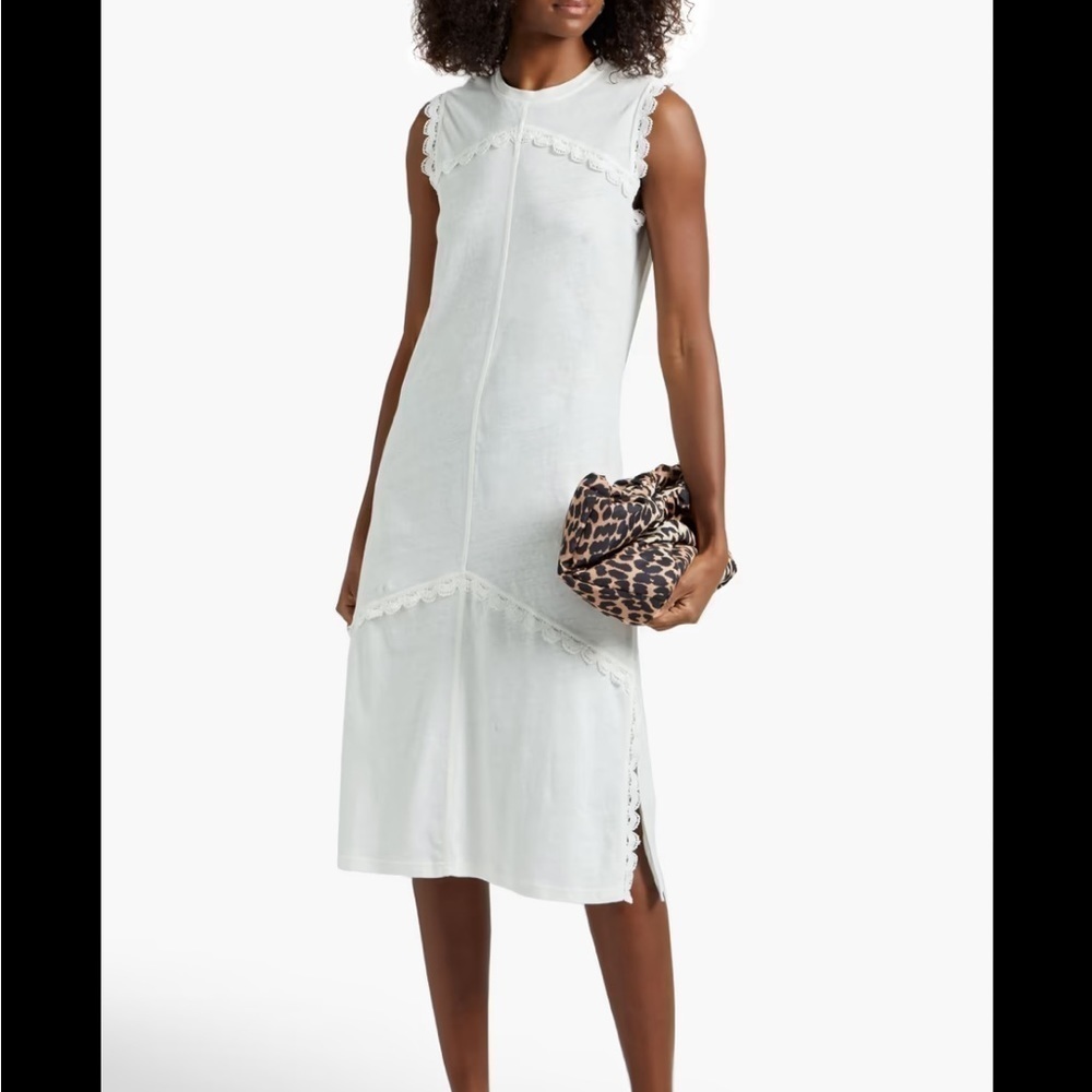 DEREK LAM 10 CROSBY Crochet-trimmed linen cotton-blend jersey dress Sz M NEW